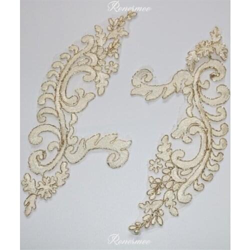 5Pcs Royal Cording Champagne Gold Lace Appliques Flower Sewing Trims Wedding Decoration 25.5X11.5cm SX193