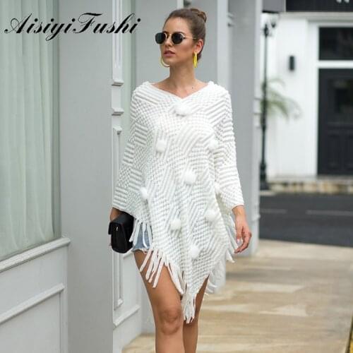 AISIYIFUSHI Hairball Knitted Women Sweater Autumn Winter Shawls Ladies White Pullover Knitted Shawl Outwear Cape Poncho Shawl