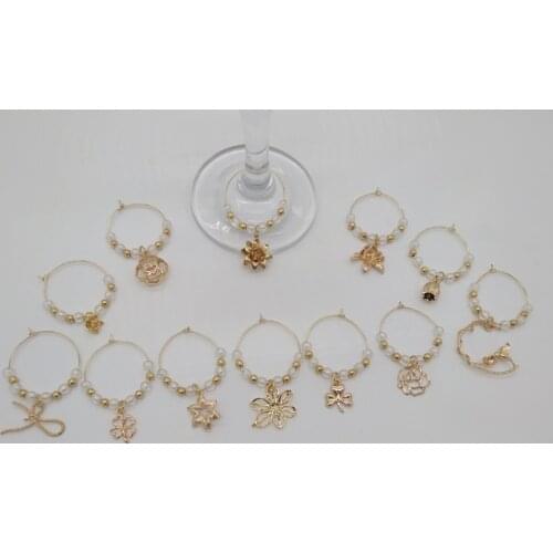 Freeship 12xNEW white bead K gold heart flower party wine glass charm marker Wedding Table decoration decorating vinos etiqueta