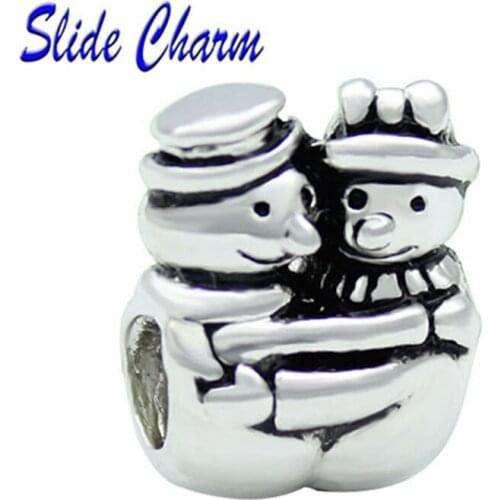 European DIY happy embraced snowman charm beads suitable for Pandora bracelet jewelry handmade Christmas gifts