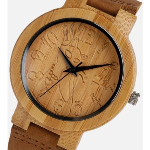 Vintage Wood Watch Bamboo Women Lovely Cat Casual Nature Bamboo Quartz Wristwatches Simple Creative Genuine Leather Band Clock
