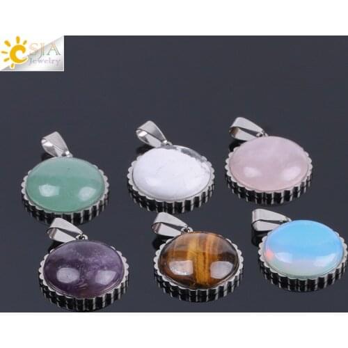 CSJA 1PCS Flower Fringe Round Necklaces Pendants for Women Natural Gem Stone Chakra Lapis Lazuli Pink Quartz Tiger Eye Opal F117