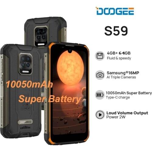 Doogee S59 Rugged Smartphone 10050mAh Super Battery 4GB+64GB NFC Face Unlock Mobile Phone 5.71'' Android10 2W Powerful Speaker