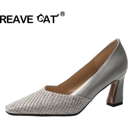 REAVE CAT 2021 Pump Genuine Leather Cloth Patchwork Espadrilles Pointed Toe Slip On 7.5cm Spool Heel Size 34-40 Grey Brown A4323