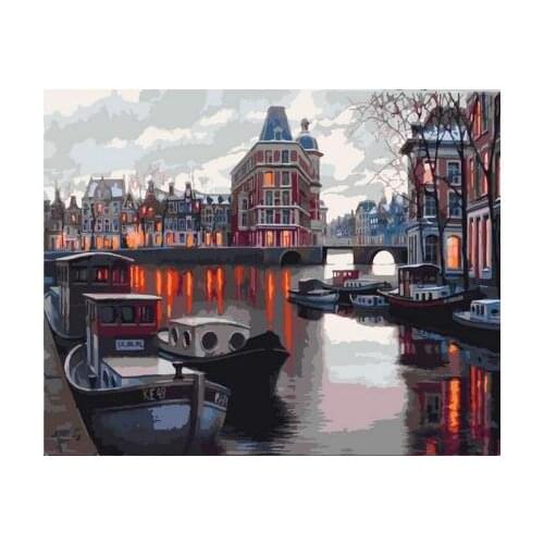 Lakeside city in the evening Painting By Numbers landscape Coloring By Numbers On Canvas Painting Home Decor
