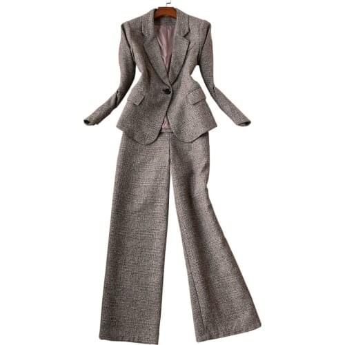 2 piece set women suits plaid wool blends blazer with pants ladies office pant suits