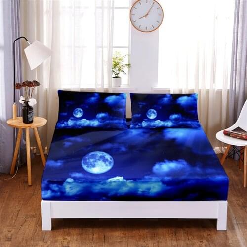 Moonlit Night Digital Printed 3pc Polyester Fitted Sheet Mattress Cover Four Corners with Elastic Band Bed Sheet Pillowcases