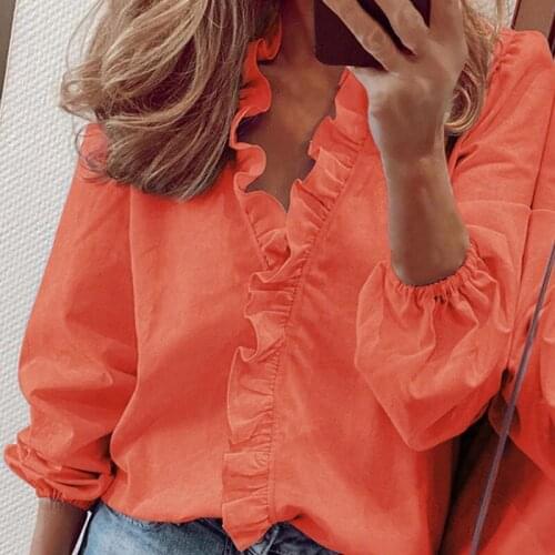 Fashion Chic Chiffon Shirt Loose Tops Women Pure Color Layer Flounced V-neck Long Sleeve High Waist Pullover Shirt Slim Blouses