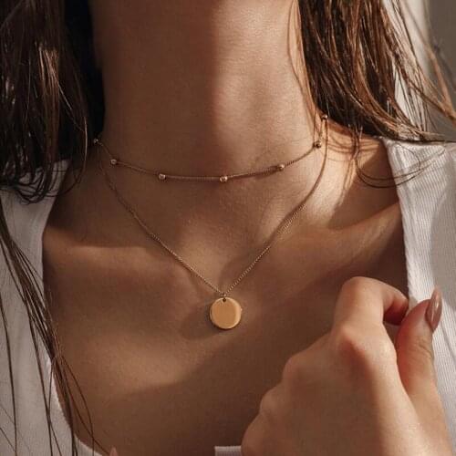 Fashion Tiny Initial Choker Chain Necklace Women Simple Gold Color Round Coin Pendant Necklaces Bohemian Jewelry