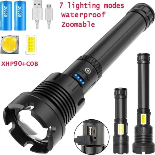 7 lighting modes Powerful LED Flashlight With XHP 90 Lamp bead +COB Zoomable Torch Support for Mircro Charging Hunting Lamp