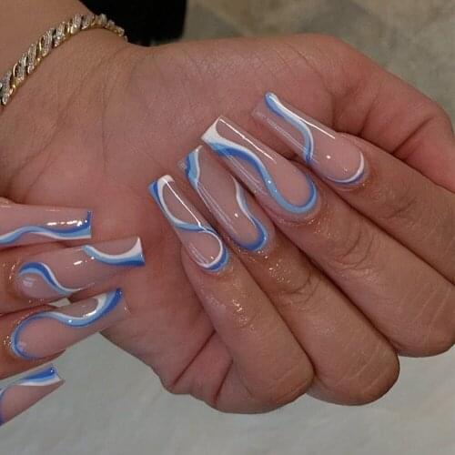 24Pcs Blue White Wavy Lines Long Ballerina False Nails With Design Wearable Fake Nails Full Cover Nail Tips Press On Nails