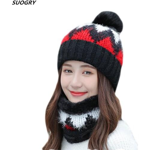 New Winter Hats Scarf Set Two Piece Thick Warm Wool Knitted Hat With Scarf Korean Ladies Hat & Scarf Thickening velvet set