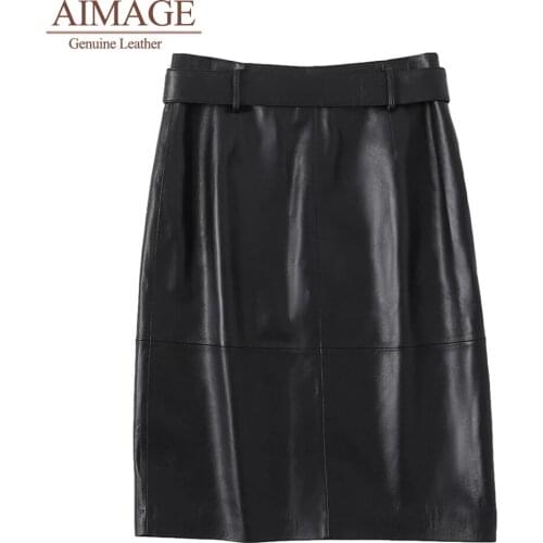 Charming women sheepskin casual skirts slim genuine leather solid black streetwear with belt jupe femme soft a-line m-3xl PY023
