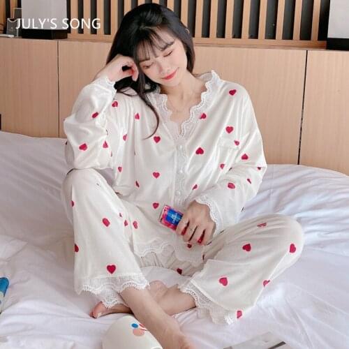 JULYS SONG Loose Pajamas Set 2 Pieces Woman Autumn Lace Dot Love Pattern Sleepwear Suit Casual Long Sleeve Trousers White