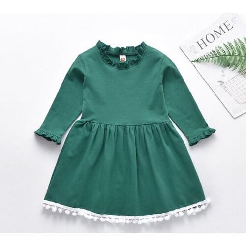 Toddler Kids Baby Girls Dress Green Solid Long Sleeve Ruffle Dress Cotton Soft Rumpet Collar Dress Outfits Infant Clothes 2021