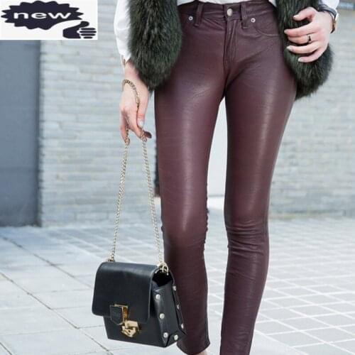 Luxury Women 100% Sheepskin Genuine Pencil Lady Sexy Stretchy Leggings Push Up Leather Long Trousers Skinny Pants