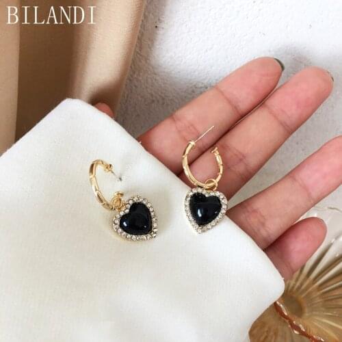 Bilandi S925 needle Trendy Jewelry Black Resin Heart Earrings Popular Design High Quality Shiny Crystal Drop Earrings For Girl
