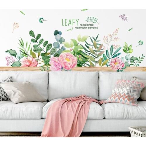 [shijuekongjian] Flower Leaves Wall Stickers Vinyl DIY Grass Wall Decals for Living Room Kids Bedroom Kitchen House Decoration