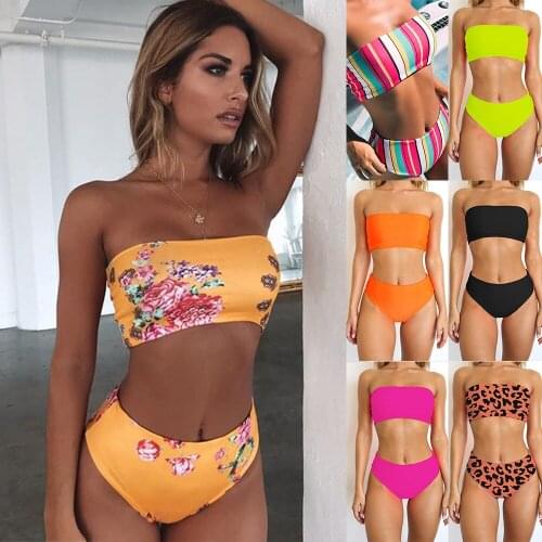 Swimwear womens 2020 Europe and the United States selling multicolor tube top printed split high waist sexy two-piece bikini