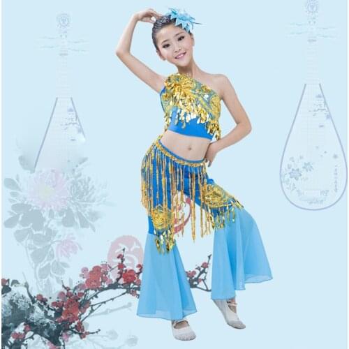 6 Colors Bright Chinese Folk Dress or Pants Suit Peacock Dance Childrens Dance Sequin Skirts Dai Dance Skirt Girls Performance