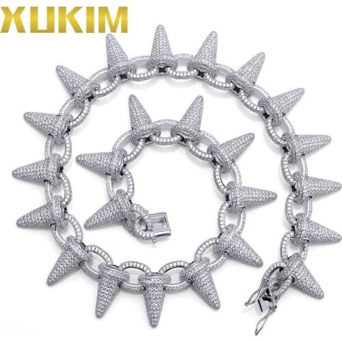 Xukim Jewelry Silver White Gold AAA Cubic Zirconia Iced Out Rivet Spike Chain Link Mens Necklace Hip Hop Jewelry