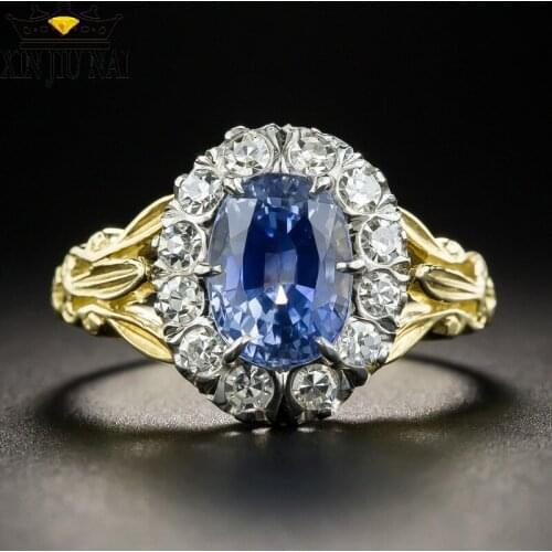 Retro Court Royal Engagement Ring Simple Blue Oval Zircon Women Rings Gold Color Chic Unique Zircon Wedding Ring Party Jewelry