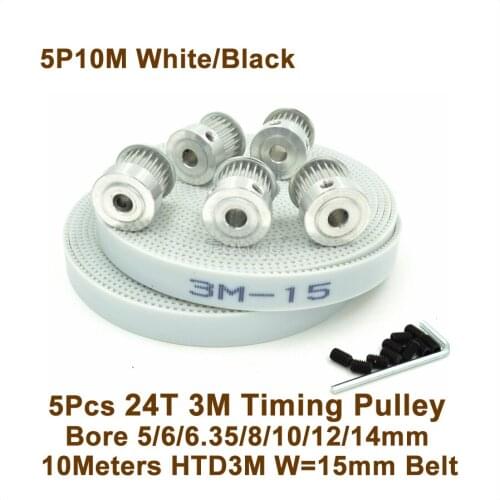 POWGE 5pcs 24 Teeth 3M Timing Pulley Bore 5/6.35/8/10/12mm + 10meters HTD3M PU Synchronous Belt W=15mm 3M CNC Engraving Machine