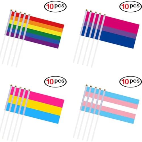 10PCS/Pack 14*21CM Gay Pride Flags Easy To Hold Mini Small Rainbow Flags with Flagpoles Home Decor Gay Friendly LGBT Flag