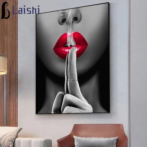 5D DIY Full square Diamond Painting Fantasy Sexy Red Lips Mosaic puzzle Diamond Rhinestone Embroidery Cross Stitch Girl Smoking