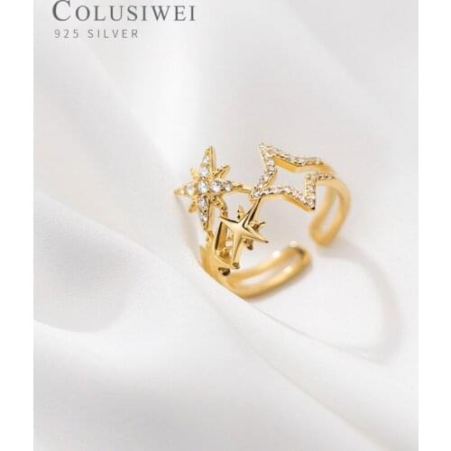 Colusiwei Trendy Retro 925 Sterling Silver Sparkling Zircon Sweet Stars Opening Finger Rings for Women Korea Style Fine Jewelry