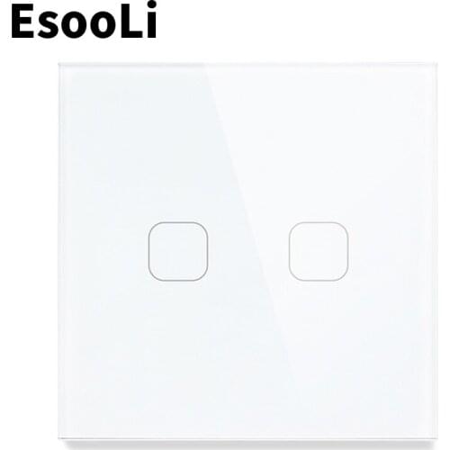 EsooLi 2 Gang 1 Way EU/UK Standard Light Switch Wall Touch Sensor Switch,Crystal Glass switch power,luxury Wall Touch MUTE