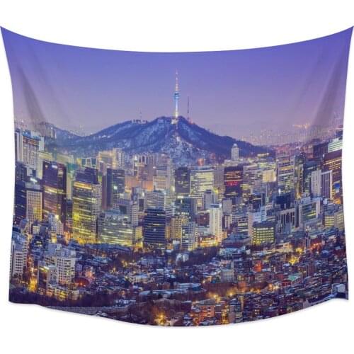 Seoul South Korea City Dusk Cityscape Tapestry Wall Hanging Tapestries for Living Room Bedroom Interior Home Decor Picnic Mat