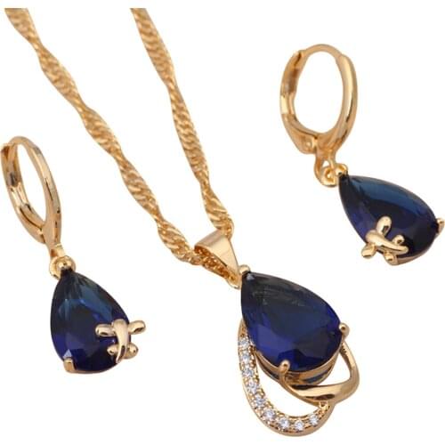 ROLILASON Navy Blue Crystal Zircon Rose Gold Set Spring Carnival Pendant Necklace Earrings Charming Womens Day Gift JS822