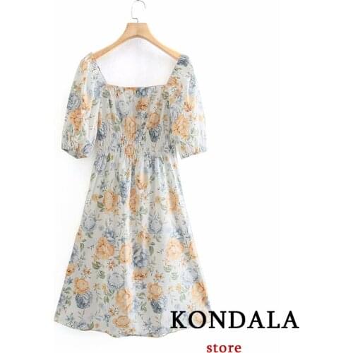 KONDALA Za Women Dress Floral Print Vintage Square Collar Dress Puff Sleeve Summer Dresses Fashion 2021 Casual Vestidos
