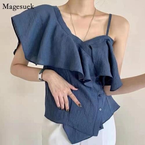 Korean Chic Off-shoulder Tops Women Sexy Sling Elegant Shirt Women Ruffles Stitching Slim Single-breasted Asymmetry Blouse 14814