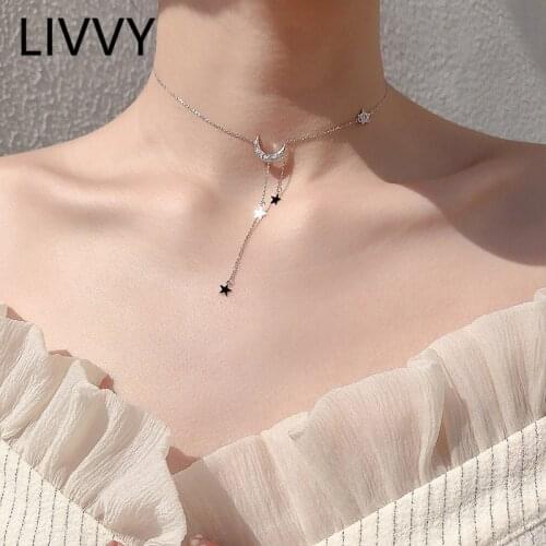 LIVVY Silver Color Fashion Fine Wedding Jewelry For Women Sweet Silver Color Star Moon Tassel Necklaces