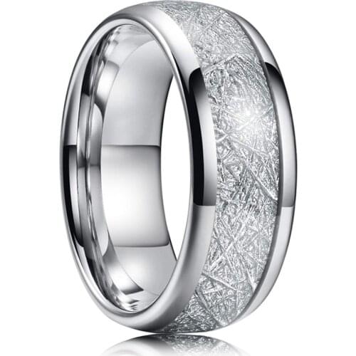 NEW 8mm Mens Silver Color Stainless Steel Ring Vintage Meteorites Inlaid For Men Wedding Engagement Band Domed Comfort Fit