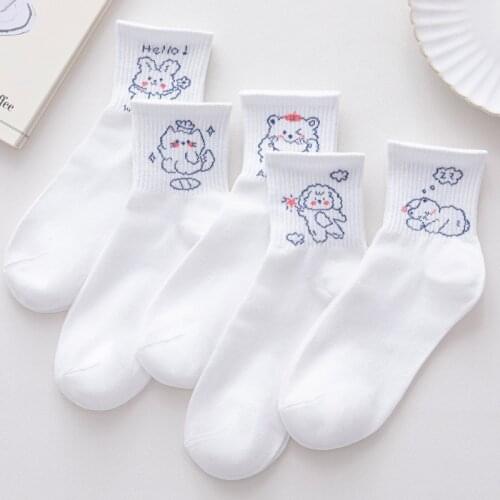 Spring And Summer White Thin Womens Socks Pure Cotton INS Cute Cartoon Design Lolita Harajuku In Tube Socks Kawaii Hosiery