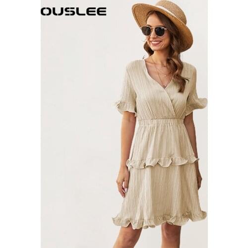 OUSLEE 2021 Summer Women Ruffles Sleeve Dress Boho Mini Beach Cake Pleated Dresses Short Sleeve Ladies Party Dress Vestido Mujer