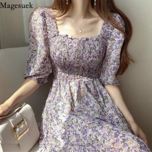 New Square Collar Summer Floral Dress Woman Puff Sleeve Long Dresses for Women Casual Elegant Party Chiffon Dress Vestidos 13853