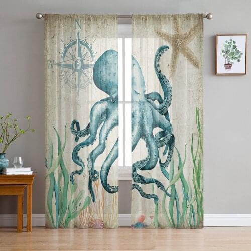 Ocean Octopus Starfish Retro Curtain For Living Room Transparent Tulle Curtains Window Sheer For The Bedroom Accessories Decor