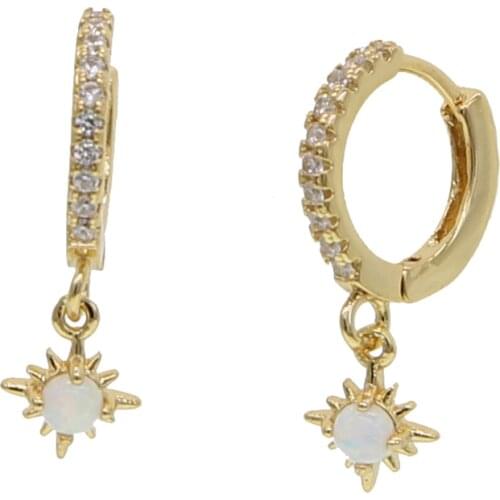 Huggie dangle Earrings Gold color with white opal Small North Star Earrings for Women or Girl