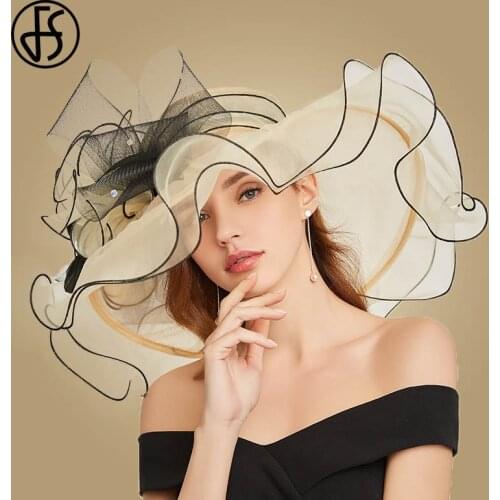FS Big Flower Summer Sun Hats For Women Beach Beige Organza Tea Party Hat Elegant Ladies Church Kentucky Derby Wide Brim Fedoras