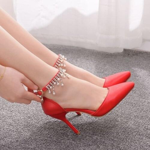 Women sandals wedding Party banquet PU Rhinestones Buckle Strap 9.5CM Thin High Heels Pointed Toe sandal women shoes size 35-42