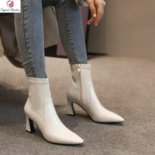 Elegant Autumn Winter Women Ankle Boots Party Casual Shoes Fashion Pointed Toe Square Heels Zipper Botas Shoes Woman Size 33-43