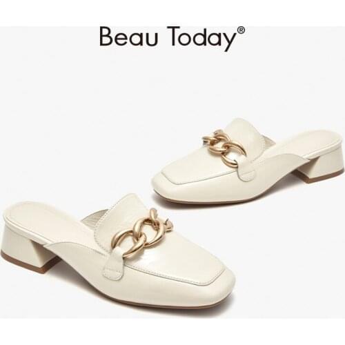Women Mules Patent Leather Square Toe Metal Chain Slip On Block Heel Casual Outdoor Shoes for Women Handmade BeauToday 35098