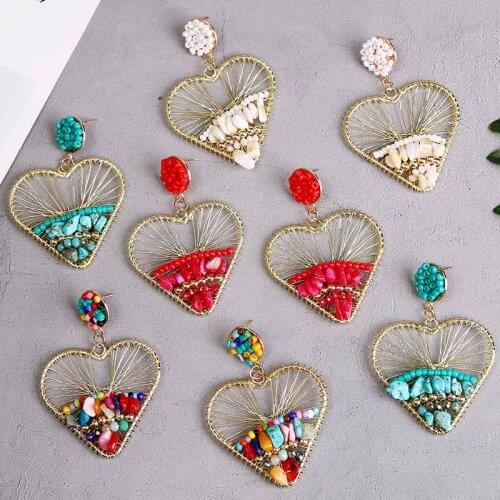 Statement Handmade Acrylic Crystal Stone Beaded Earrings For Women Fashion Bohemian Winding Metal Wire Heart Drop Earring