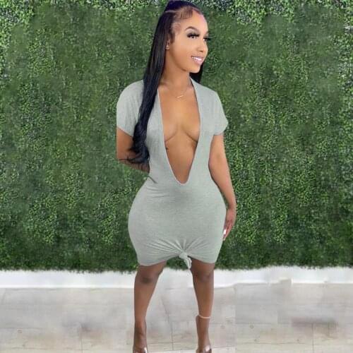 Sexy Deep V Neck Short Sleeve Night Club Mini Vestidos Dress Low Waist Solid Irregular Hollow Out Short Dress Womens Partywear