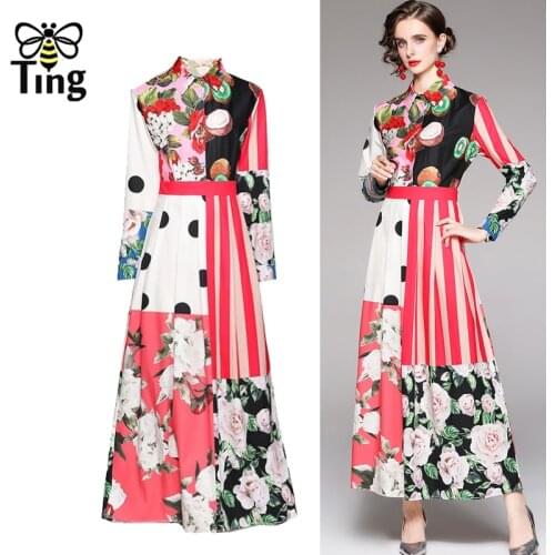 Tingfly Runway Fashion Floral Print Maxi Long Party Evening Dresses Women Elegant Vintage A Line Largo Office Vestidos Plus Robe