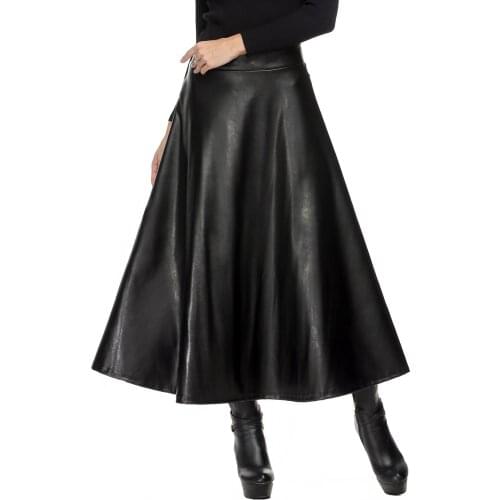 Winter Pu Leather Skirt Women Maxi Long Skirts Womens High Waist Slim Autumn Vintage Pleated Skirt Black Xl Xxl